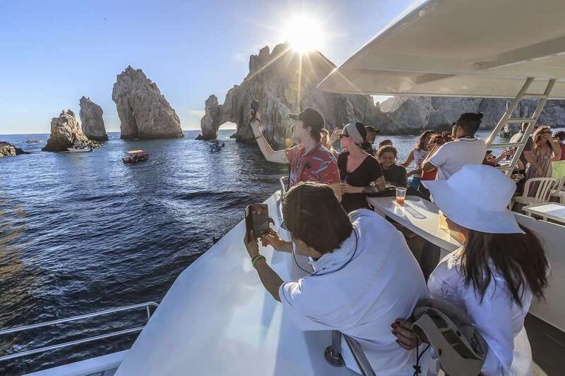 Cabo San Lucas: Sunset Dinner Cruise - SunRider100 Catamaran Setup: Deck, Bathrooms, and Dance Floor